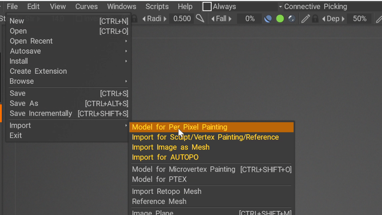 3DCoat import menu with Model for Per Pixel Painting selected.