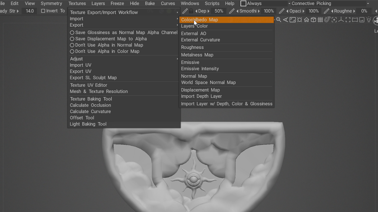 3DCoat texture import menu with Color or albedo map selected.