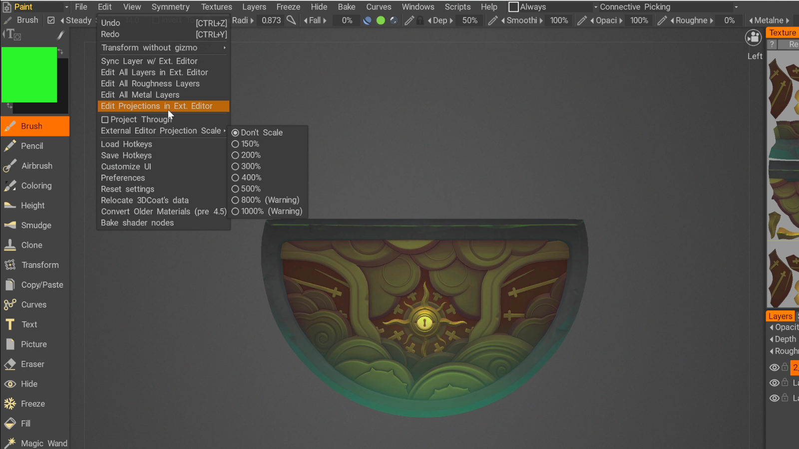 3DCoat Edit Projection in External Editor menu action used to send the texture projection to Photoshop.