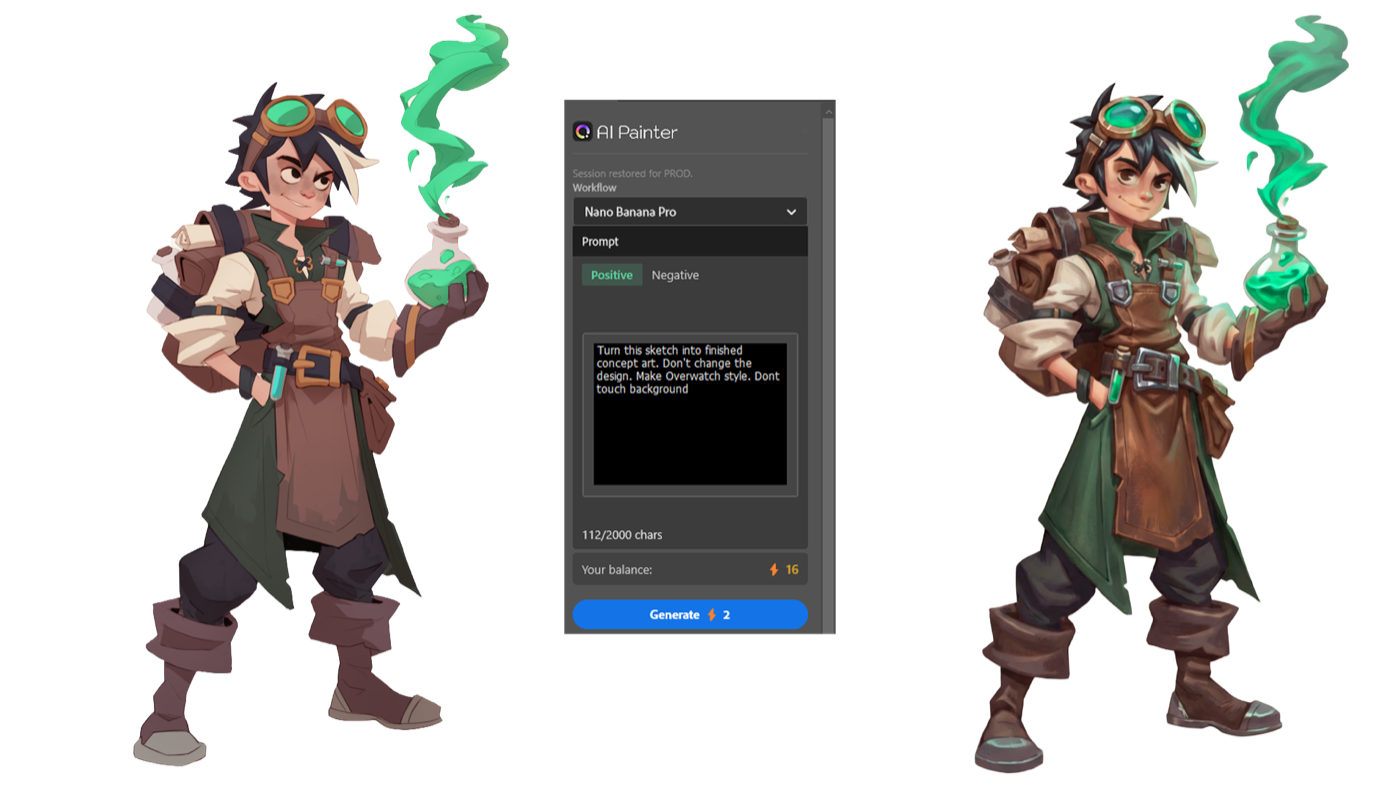 AiPainter turns a character sketch into polished concept art